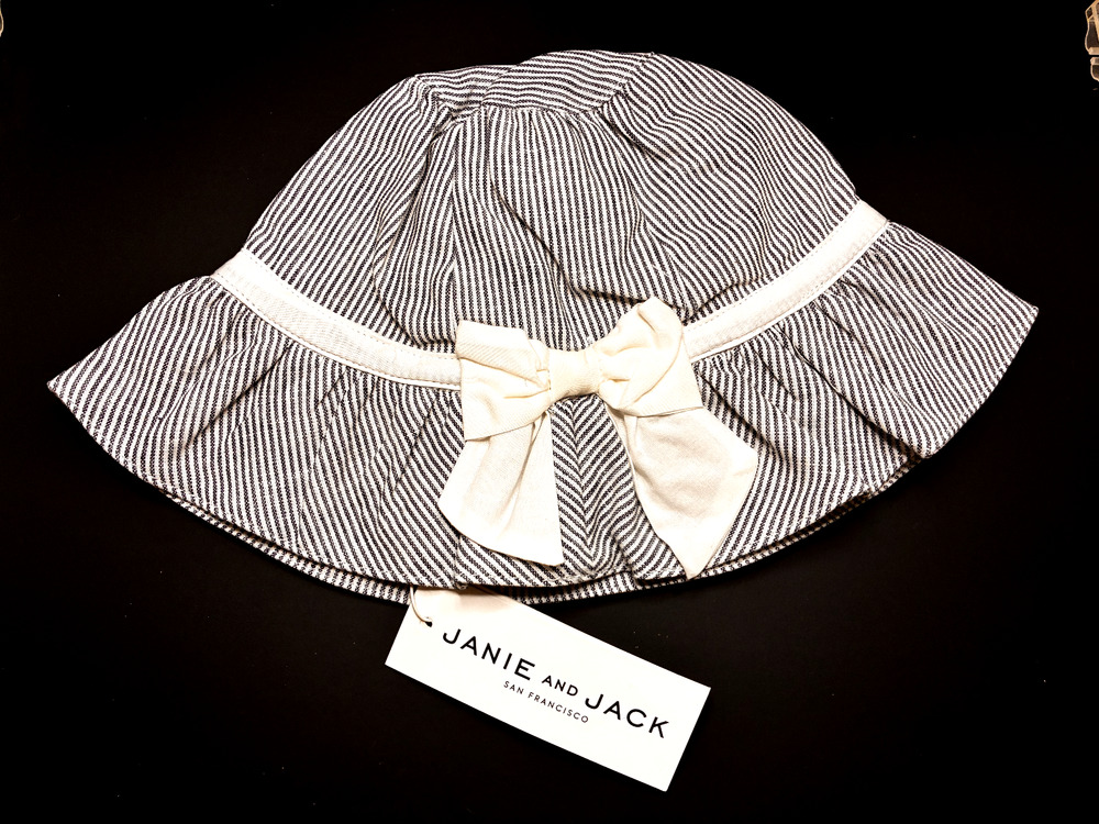 Jane & Jack Accessories- Girls Bucket Hat-White Bow and Pin Stripe 6-12 month